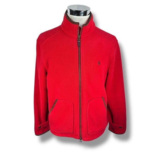 Vintage Polo Ralph Lauren Fleece Jacket Men’s Large Red Full Zip Suede Trimmed - Picture 1 of 11